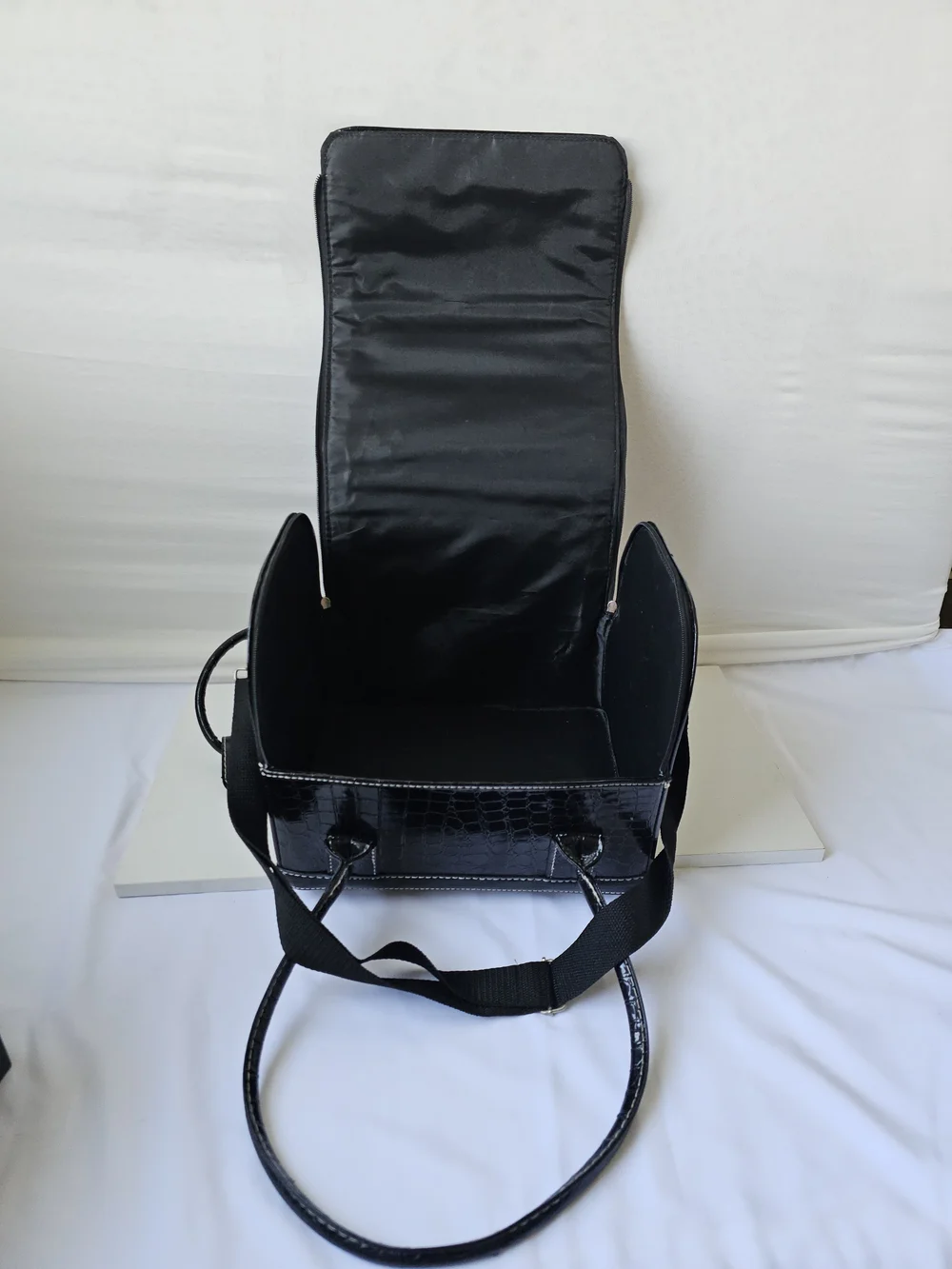 Black Faux Croc Cantilever Makeup Train Case Vintage Style Travel Vanity Bag